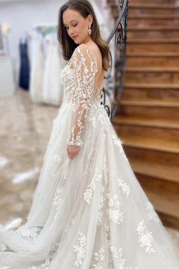 NumberSea Beautiful Tulle A-line Long Sleeves Wedding Dresses With Lace Appliques, MW823
