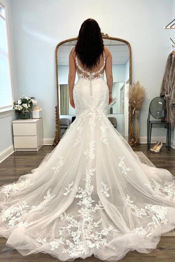 NumberSea Beautiful Tulle Mermaid V-neck Lace Appliques Wedding Dresses, Bridal Gowns, MW887