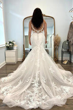 NumberSea Beautiful Tulle Mermaid V-neck Lace Appliques Wedding Dresses, Bridal Gowns, MW887
