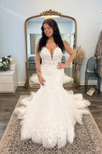 NumberSea Beautiful Tulle Mermaid V-neck Lace Appliques Wedding Dresses, Bridal Gowns, MW887