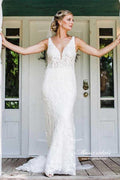 NumberSea Beautiful Tulle Mermaid V-neck Lace Wedding Dresses, Wedding Gown, MW941