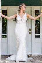 NumberSea Beautiful Tulle Mermaid V-neck Lace Wedding Dresses, Wedding Gown, MW941