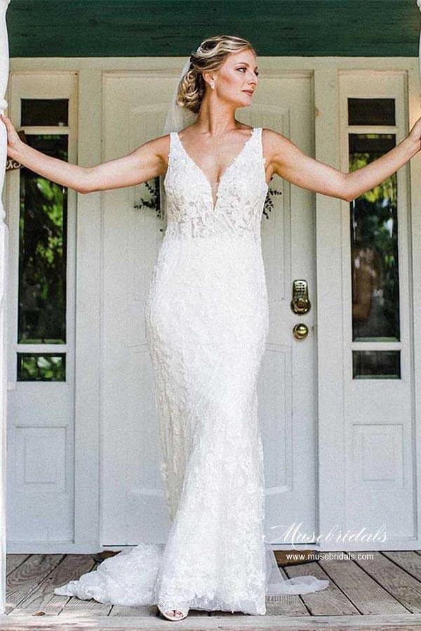 NumberSea Beautiful Tulle Mermaid V-neck Lace Wedding Dresses, Wedding Gown, MW941