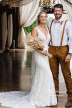 NumberSea Beautiful Tulle Mermaid V-neck Lace Wedding Dresses, Wedding Gown, MW941