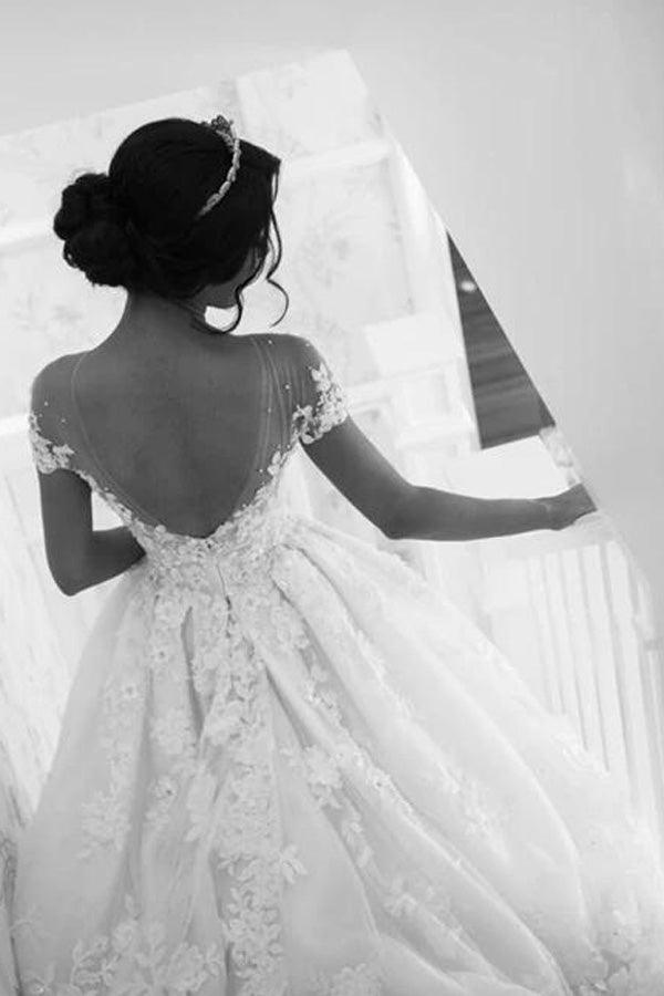 NumberSea Beautiful White Lace A-line Illusion Neck Wedding Dresses, Bridal Gown, MW563