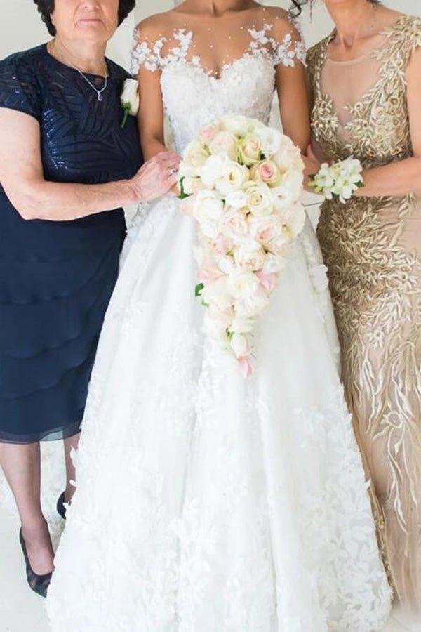 NumberSea Beautiful White Lace A-line Illusion Neck Wedding Dresses, Bridal Gown, MW563