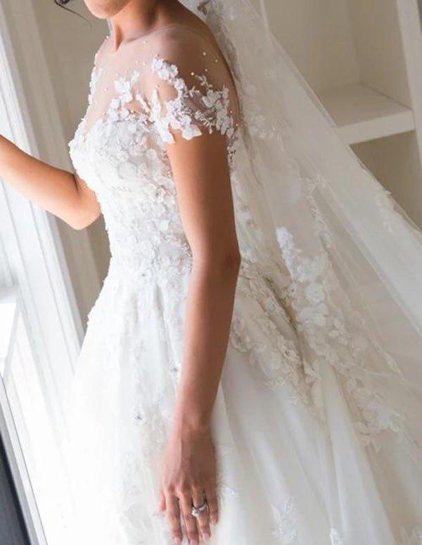NumberSea Beautiful White Lace A-line Illusion Neck Wedding Dresses, Bridal Gown, MW563