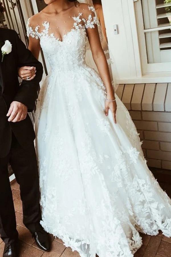 NumberSea Beautiful White Lace A-line Illusion Neck Wedding Dresses, Bridal Gown, MW563