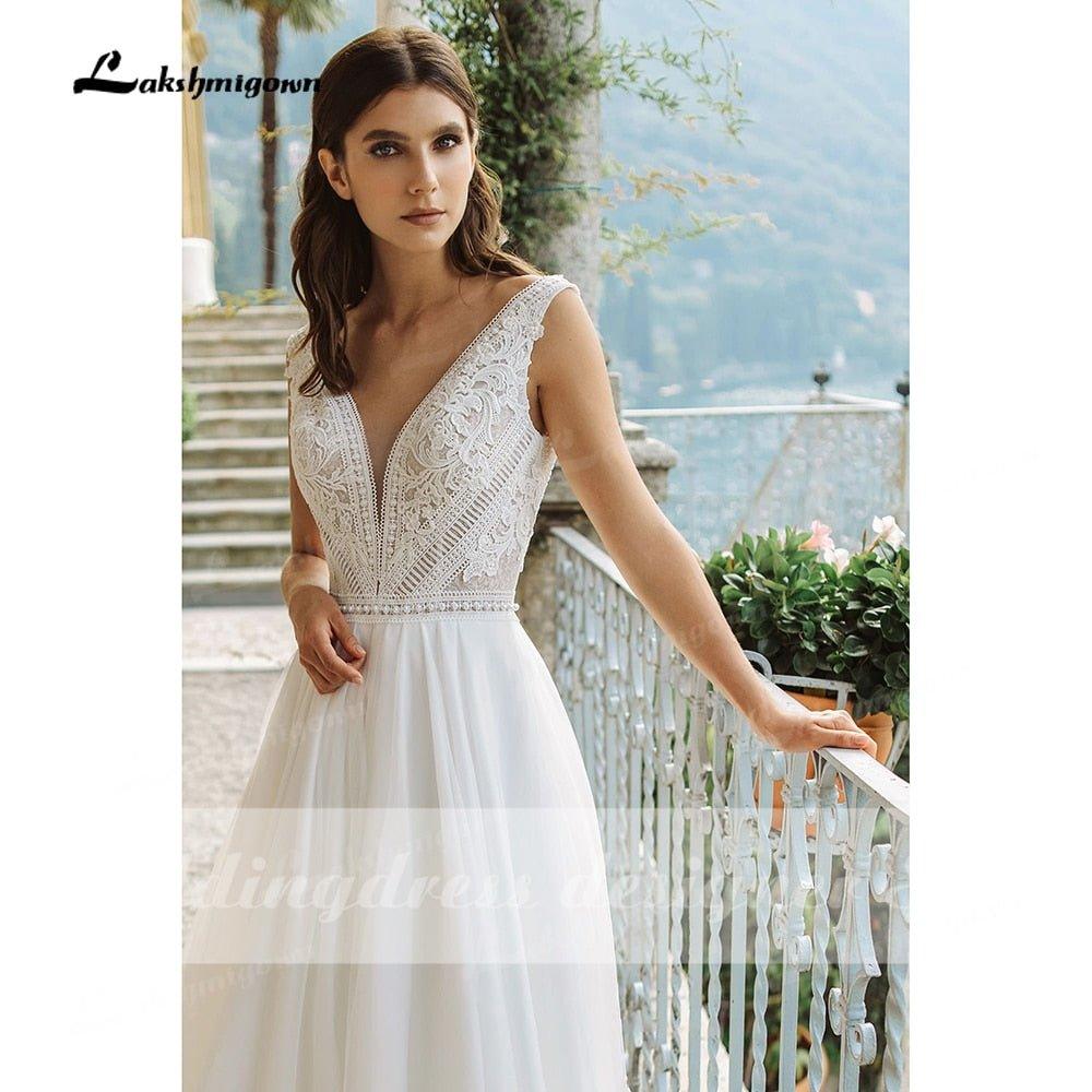NumberSea Behemia Boho Wedding Dresses V-Neck A-Line Vestido De Novia Vintage Lace Bridal Gowns Sweep Train White Long Robe De Mariée