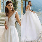 NumberSea Behemia Boho Wedding Dresses V-Neck A-Line Vestido De Novia Vintage Lace Bridal Gowns Sweep Train White Long Robe De Mariée