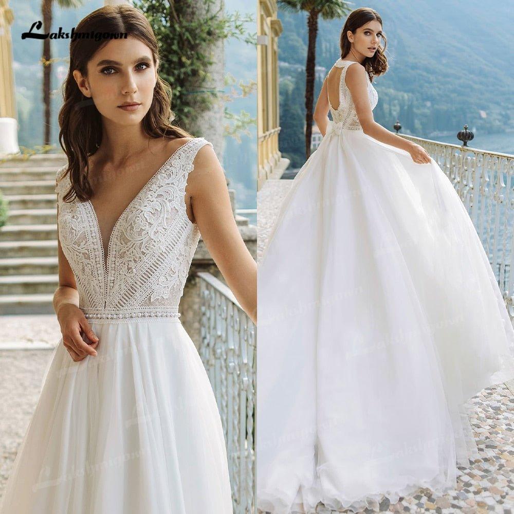 NumberSea Behemia Boho Wedding Dresses V-Neck A-Line Vestido De Novia Vintage Lace Bridal Gowns Sweep Train White Long Robe De Mariée