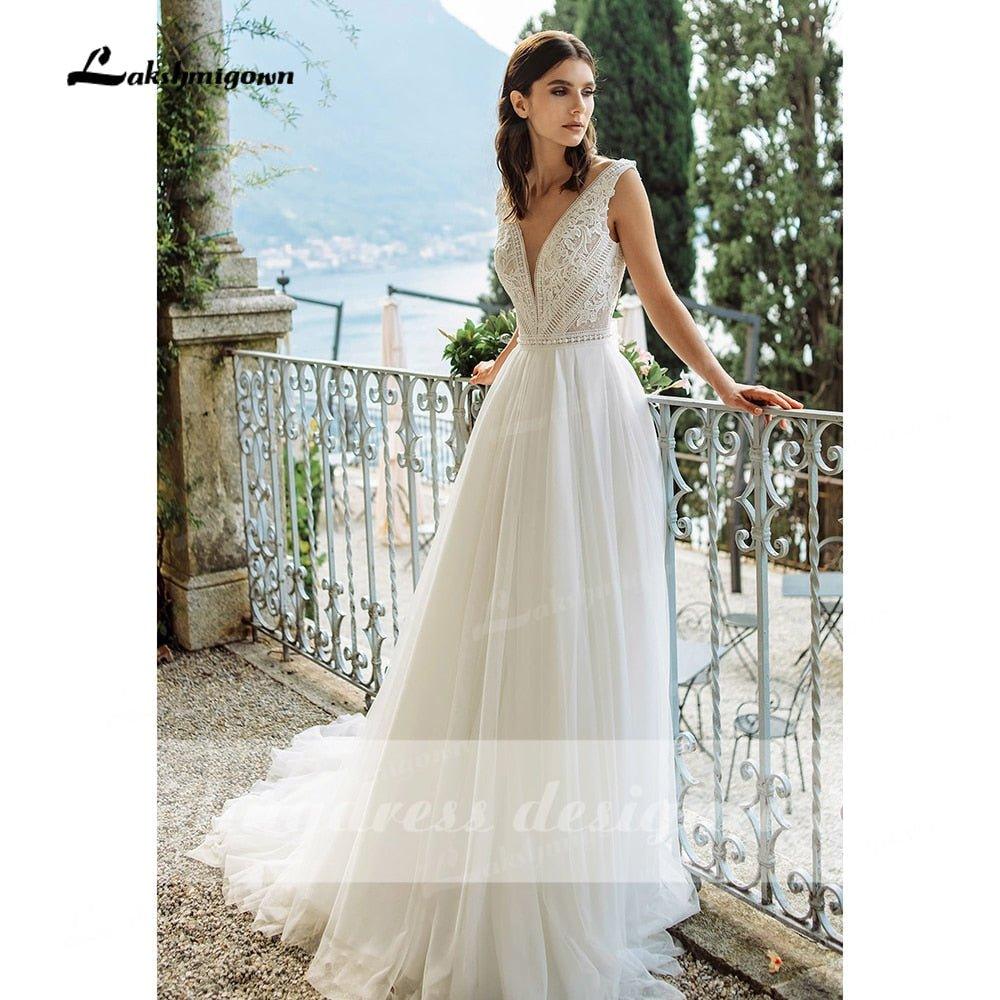 NumberSea Behemia Boho Wedding Dresses V-Neck A-Line Vestido De Novia Vintage Lace Bridal Gowns Sweep Train White Long Robe De Mariée