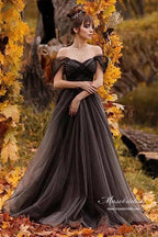 NumberSea Black A-line Off Shoulder Simple Wedding Dresses With Sweep Train, MW960