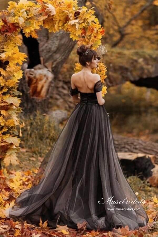 NumberSea Black A-line Off Shoulder Simple Wedding Dresses With Sweep Train, MW960