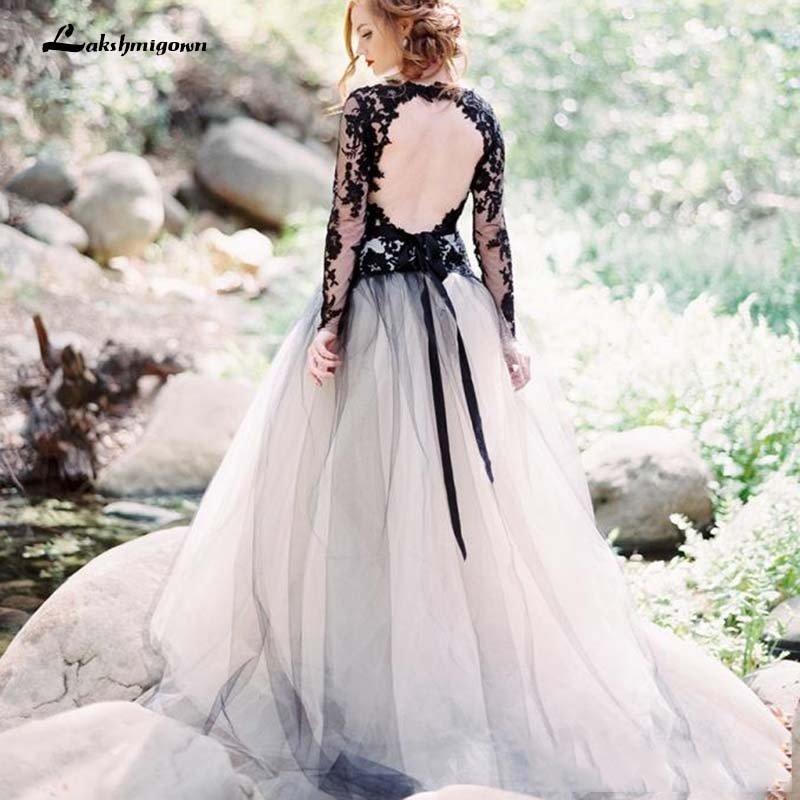 NumberSea Black A line Wedding Dresses Backless Long Sleeves Vestidos de Noivas Bridal Suknia Robe De Mariee Gothic Bridal Gowns