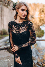 NumberSea Black Sheath Sweetheart Long Sleeves Lace Wedding Dresses, Bridal Gown, MW997