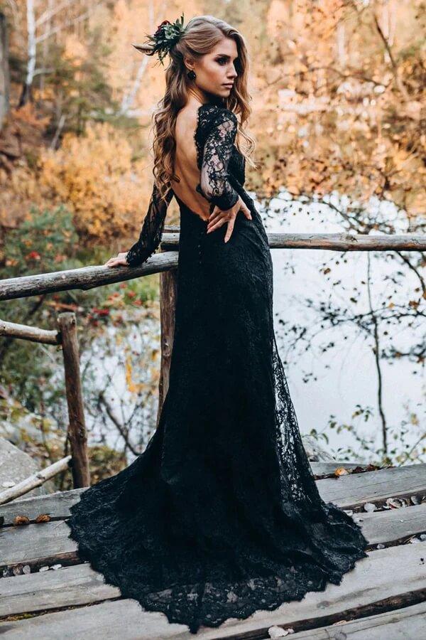 NumberSea Black Sheath Sweetheart Long Sleeves Lace Wedding Dresses, Bridal Gown, MW997