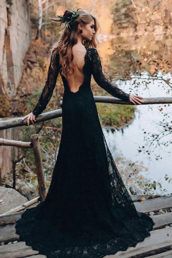 NumberSea Black Sheath Sweetheart Long Sleeves Lace Wedding Dresses, Bridal Gown, MW997