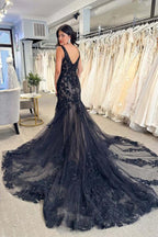 NumberSea Black Tulle Sheath V-neck Lace Appliques Wedding Dresses, Bridal Gown, MW978