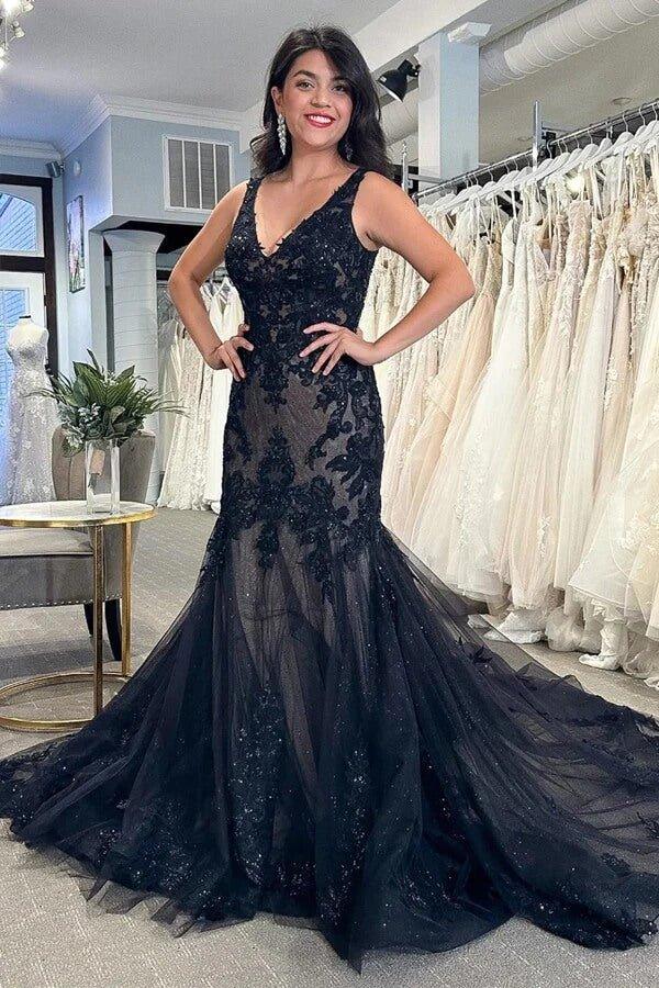 NumberSea Black Tulle Sheath V-neck Lace Appliques Wedding Dresses, Bridal Gown, MW978