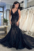 NumberSea Black Tulle Sheath V-neck Lace Appliques Wedding Dresses, Bridal Gown, MW978