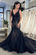 NumberSea Black Tulle Sheath V-neck Lace Appliques Wedding Dresses, Bridal Gown, MW978