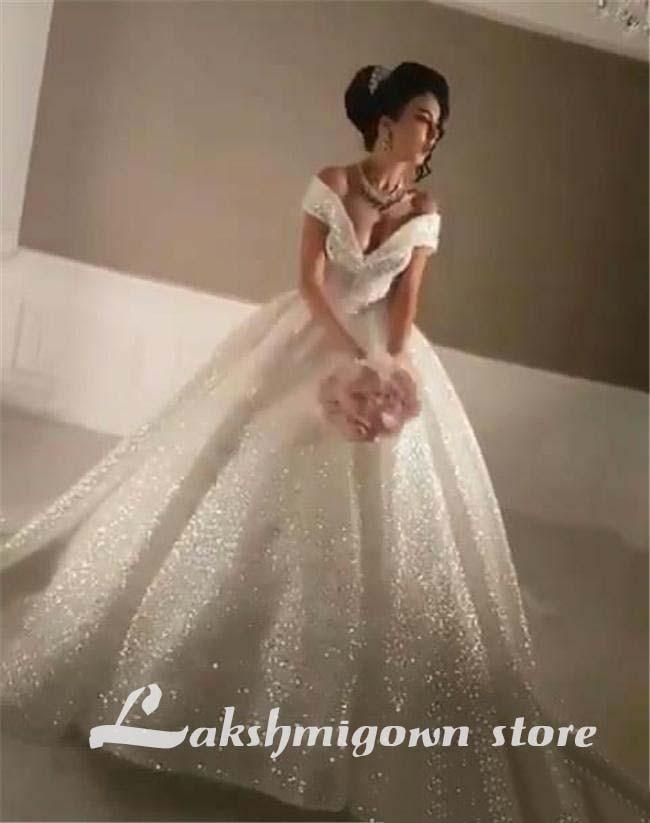 NumberSea Bling Ball Gown Wedding Dresses Off Shoulder Sequined Lace