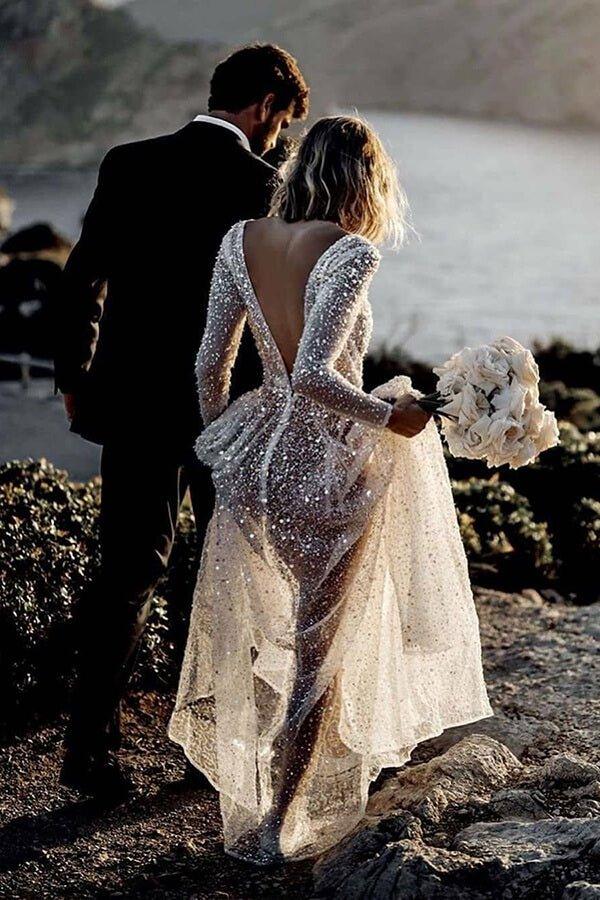 NumberSea Bling Lace A-line Deep V-neck See Through Long Sleeves Wedding Dresses, MW572
