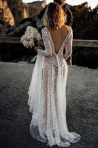 NumberSea Bling Lace A-line Deep V-neck See Through Long Sleeves Wedding Dresses, MW572