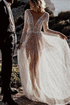 NumberSea Bling Lace A-line Deep V-neck See Through Long Sleeves Wedding Dresses, MW572
