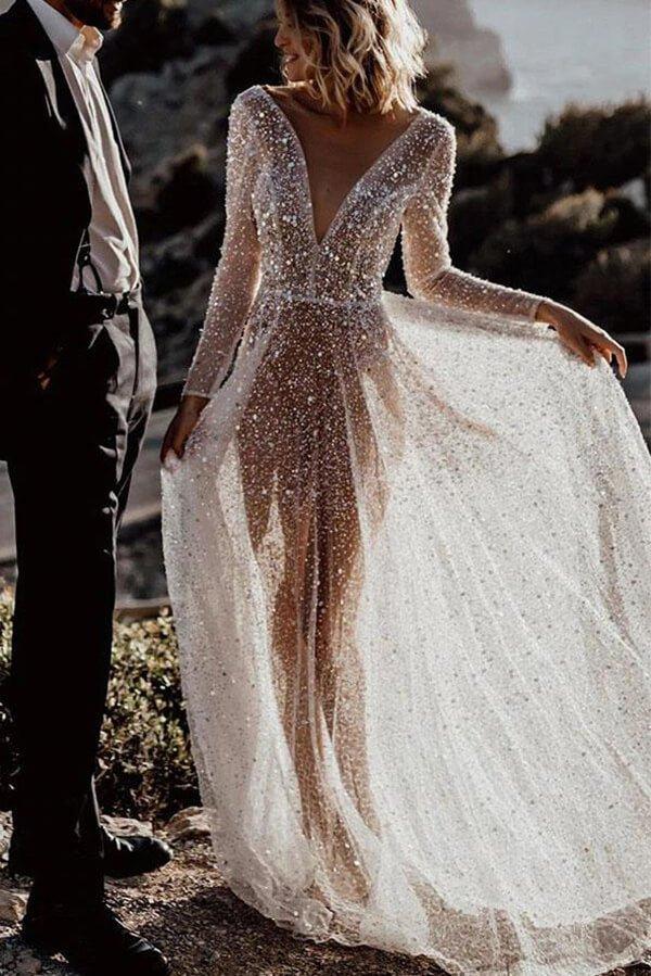 NumberSea Bling Lace A-line Deep V-neck See Through Long Sleeves Wedding Dresses, MW572