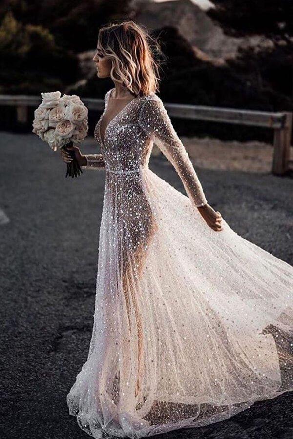 NumberSea Bling Lace A-line Deep V-neck See Through Long Sleeves Wedding Dresses, MW572