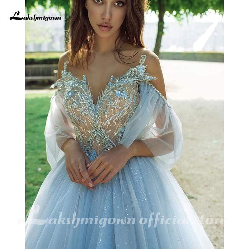 NumberSea Blue Lace Bride Dress Short Sleeves A-line Romantic Wedding Dress