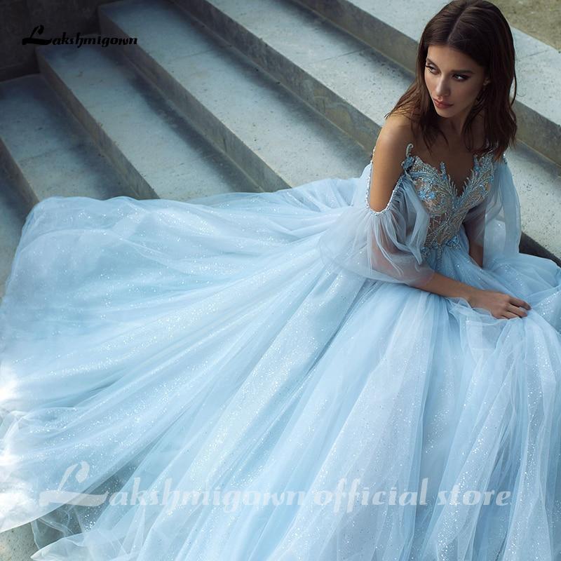 NumberSea Blue Lace Bride Dress Short Sleeves A-line Romantic Wedding Dress