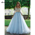 NumberSea Blue Lace Bride Dress Short Sleeves A-line Romantic Wedding Dress