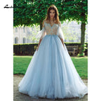 NumberSea Blue Lace Bride Dress Short Sleeves A-line Romantic Wedding Dress