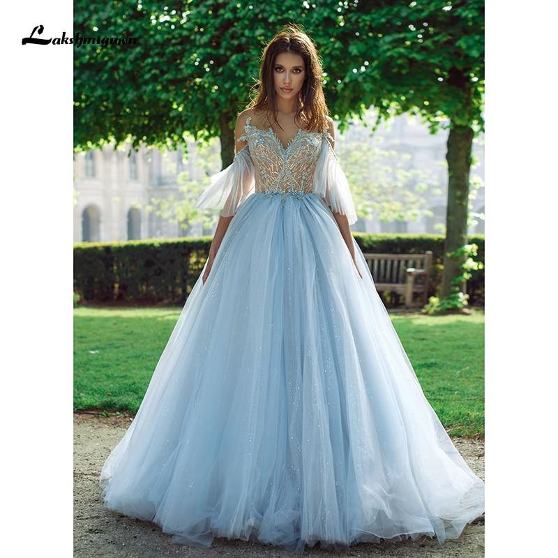 NumberSea Blue Lace Bride Dress Short Sleeves A-line Romantic Wedding Dress