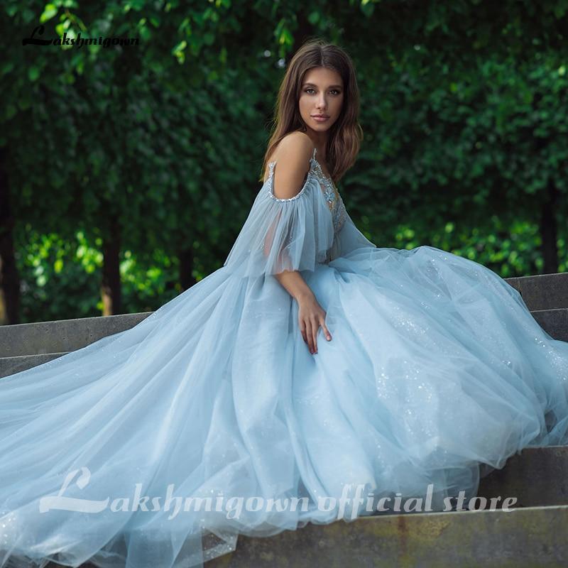 NumberSea Blue Lace Bride Dress Short Sleeves A-line Romantic Wedding Dress