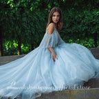 NumberSea Blue Lace Bride Dress Short Sleeves A-line Romantic Wedding Dress