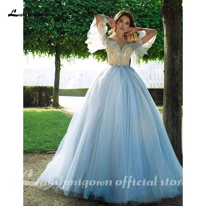 NumberSea Blue Lace Bride Dress Short Sleeves A-line Romantic Wedding Dress