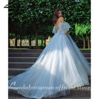 NumberSea Blue Lace Bride Dress Short Sleeves A-line Romantic Wedding Dress