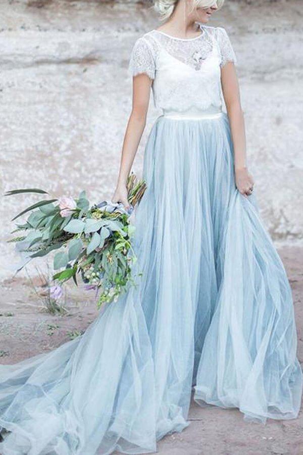 NumberSea Blue Tulle Lace Top A-line Short Sleeves Wedding Dresses, Bridal Gown, MW628