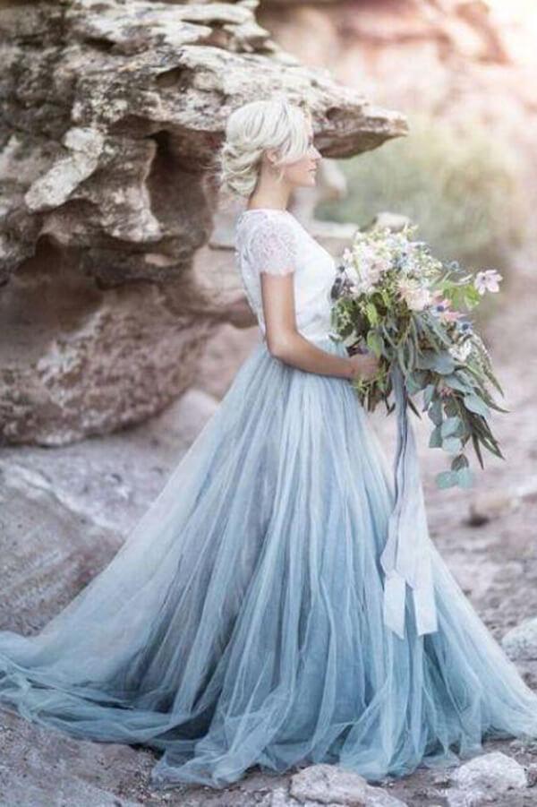 NumberSea Blue Tulle Lace Top A-line Short Sleeves Wedding Dresses, Bridal Gown, MW628