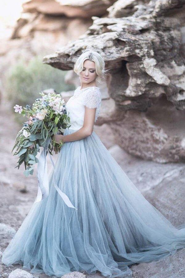 NumberSea Blue Tulle Lace Top A-line Short Sleeves Wedding Dresses, Bridal Gown, MW628
