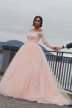 NumberSea Blush Pink A-line Off Shoulder Long Sleeves Wedding Dress, Bridal Gown, MW959