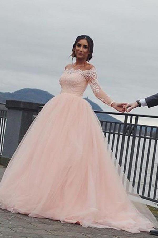 NumberSea Blush Pink A-line Off Shoulder Long Sleeves Wedding Dress, Bridal Gown, MW959