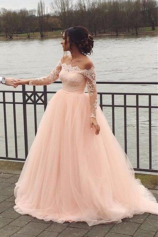NumberSea Blush Pink A-line Off Shoulder Long Sleeves Wedding Dress, Bridal Gown, MW959