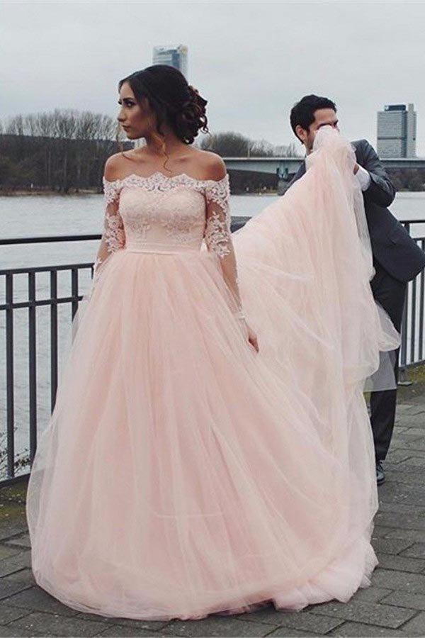 NumberSea Blush Pink A-line Off Shoulder Long Sleeves Wedding Dress, Bridal Gown, MW959