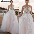 NumberSea Blush Pink Wedding Dress 2022 Floral Appliques Three Quarter Scoop Neck Backless A-Line Court TrainTulle Bridal Gowns Vestido