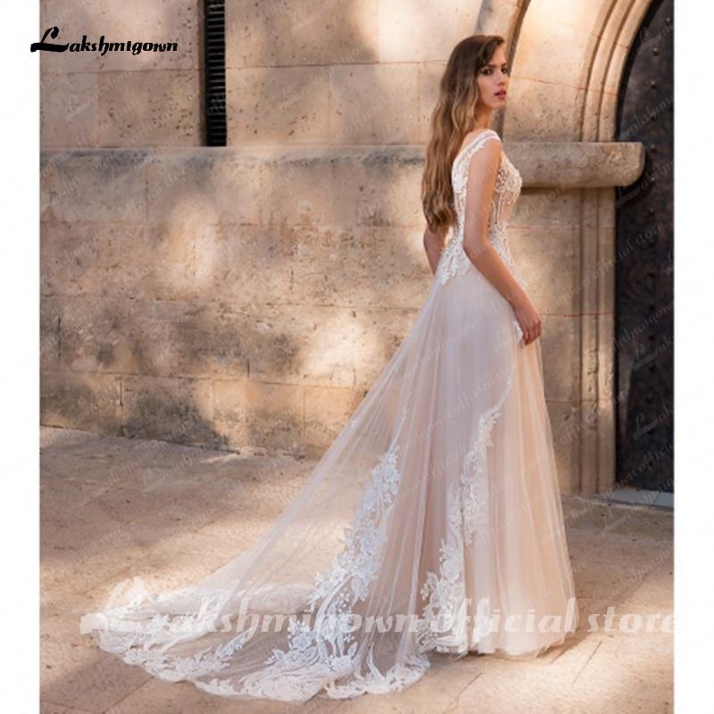 NumberSea Blush Pink Wedding Dress Beach Floor Length lace appliques